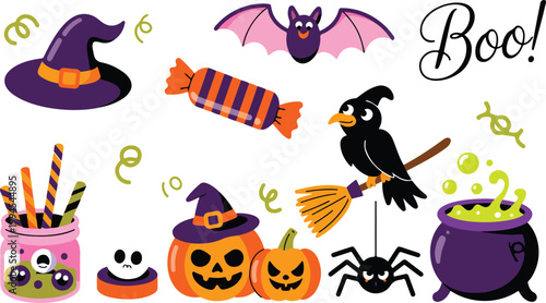 Halloween illustration collection featuring witch hat ghost candy bat black cat pumpkins raven broomstick and autumn leaves festive set