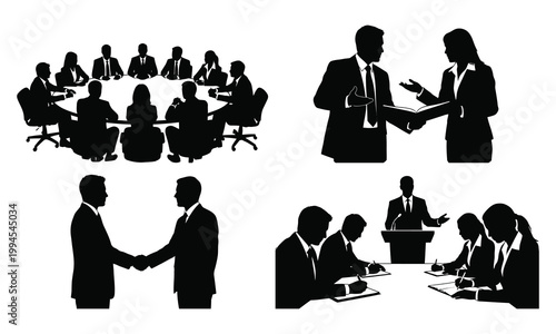 Business people silhouettes in meeting conference handshake and presentation office scenes