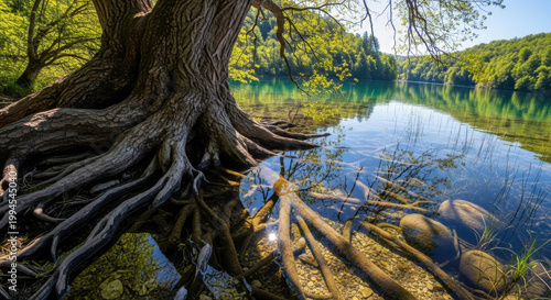 A large tree with exposed roots beside a calm river in a forest.