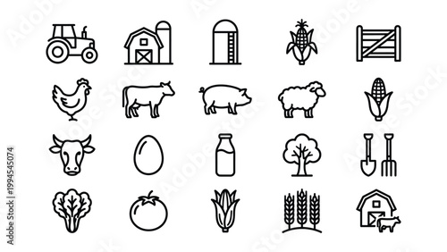 Farm and agriculture icon set with animals and crops livestock farming animal husbandry crop production animal feed agriculture livestock countryside vegetable