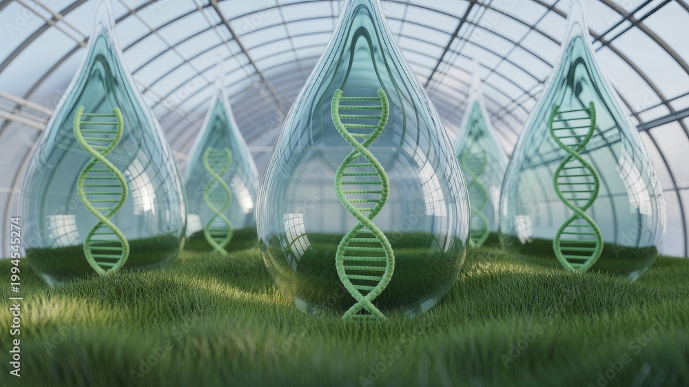 Fototapeta premium Advanced Biotech Greenhouse with DNA Structures in Sustainable Environment