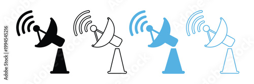Satellite dish icons in various colors and line styles, communication concept flat vector design for antenna receiver, transmission, and global connectivity systems