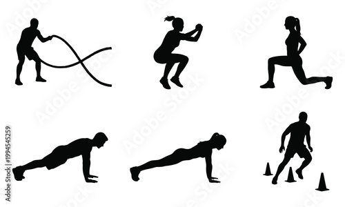 Diverse group of people performing various intense workout exercises and training routines.