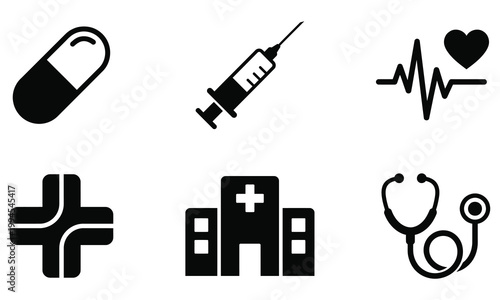 Collection of medical icons including a pill, syringe, heartbeat, cross, hospital, and stethoscope.