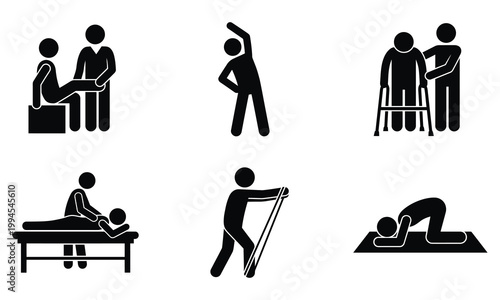 Silhouettes depicting physical therapy, stretching, and elderly assistance with walkers.