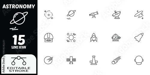 Astronomy line 15 editable stroke symbols including planets, telescopes, rockets, and stars