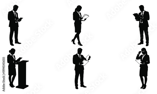 Silhouettes of business people in suits reading documents and presenting at a podium.