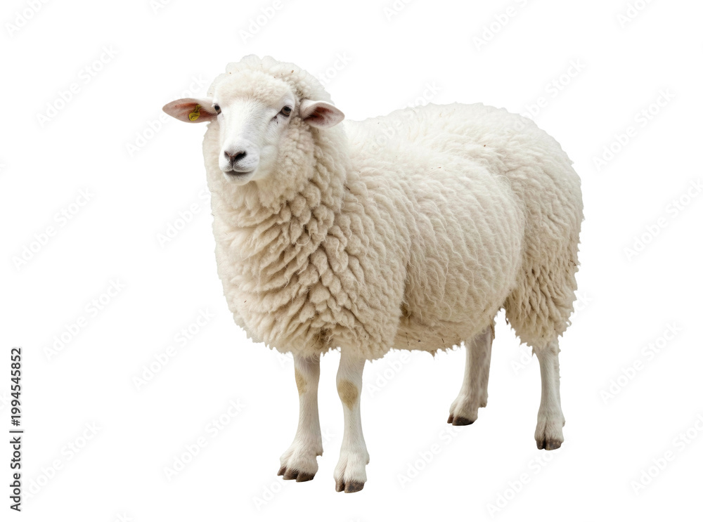 Fototapeta premium A single white sheep stands on a white surface, ready to be used in various contexts