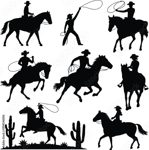 Western cowboy silhouette collection featuring horseback riders lasso action poses and ranch themed scenes in black white grid illustration