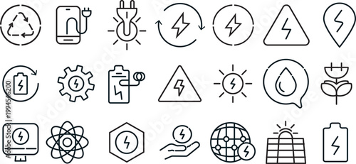 Modern electricity and renewable energy collection, high-quality thin outline illustrations for power grid, electric cars, and sustainable technology.