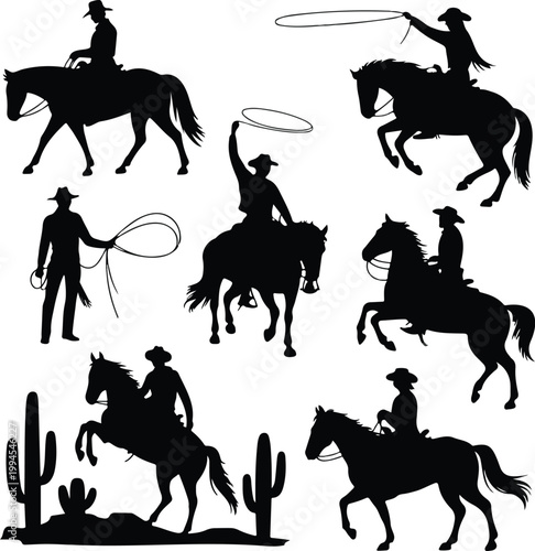 Western cowboy silhouette collection featuring horseback riders lasso action poses and ranch themed scenes in black white grid illustration