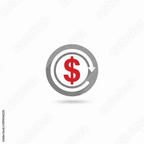 Money coin icon with red dollar sign and gray circular arrows, simple flat finance concept for payments and growth
