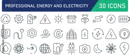 energy and power line icon set, featuring minimalist vector pictograms of batteries, charging plugs, and solar panels.Sleek electrical service and power supply icons for UI, professional pack of linea