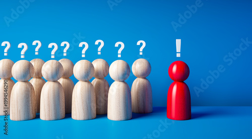 Wooden figurines in a group with question marks and exclamation mark above, one red figure stands out as leader or speaker on blue background - 3D illustration