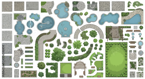 Landscape design elements set, top view garden map icons for architectural planning, backyard pool and patio stone vector collection
