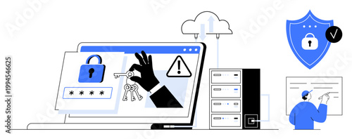Cybersecurity concept. Cybersecurity ensures safe data management, online protection, and identity safeguards. Cybersecurity prevents information theft and enhances secure systems. Ideal for tech, IT
