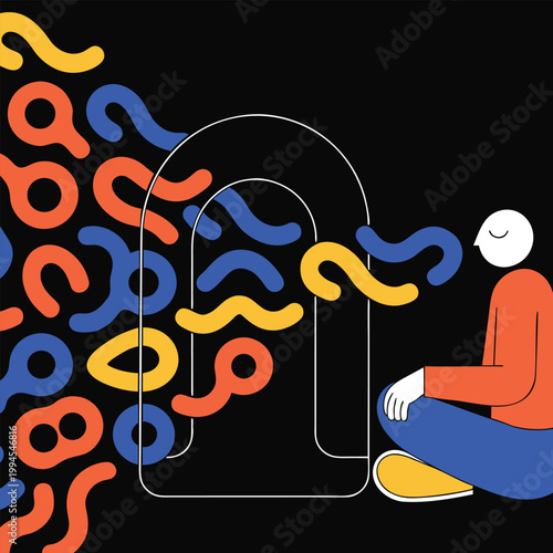 Person meditates amidst colorful noise filtering concept illustration