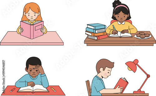 Children studying and reading books at desk, kids learning, homework, education and school activities, diverse students flat vector illustration isolated on background