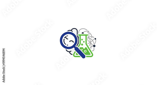 Conceptual scientific illustration featuring a brain, flask, and magnifying glass for research