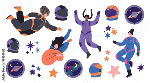 Diverse astronauts floating in space among stars and planets, celebrating cosmic exploration and adventure