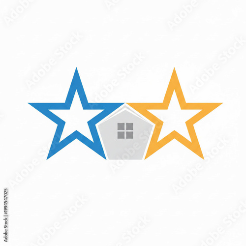 Stars and small house craft emblem with blue and orange star shapes on a white background featuring home symbol, handmade, decoration with badge and