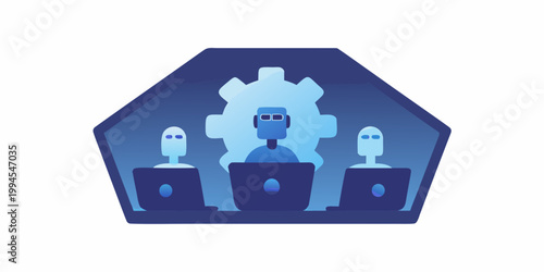 Robotic figures with laptops inside a hexagonal futuristic structure