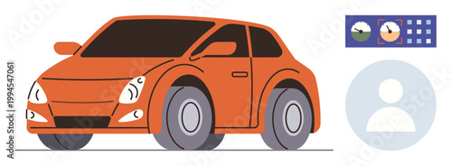 Automotive technology, user profiles, vehicle dashboards, car usage analytics, transportation, digital connectivity. Orange car with dashboard metrics and user icon. Automotive technology and user