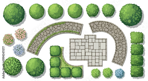 Landscape design elements top view, garden plan vector set with green bushes and stone paths, architectural site map icons for backyard planning
