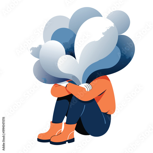 Person sitting with mental fog blurred thinking concept on face