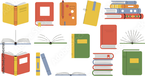Flat minimalist books illustration set featuring colorful open and closed books pen bookmark and stacked reading elements in decorative grid layout