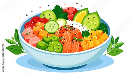 Delicious salmon sushi bowl with vegetables.