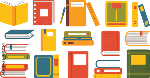 Flat minimalist books illustration set featuring colorful open and closed books pen bookmark and stacked reading elements in decorative grid layout