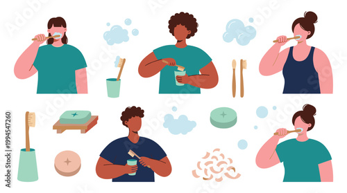 Diverse people brushing teeth with bamboo toothbrushes and natural toothpaste promoting oral hygiene and eco friendly habits