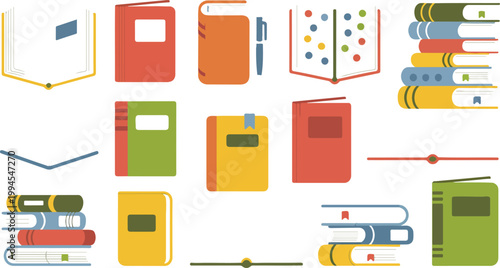 Flat minimalist books illustration set featuring colorful open and closed books pen bookmark and stacked reading elements in decorative grid layout