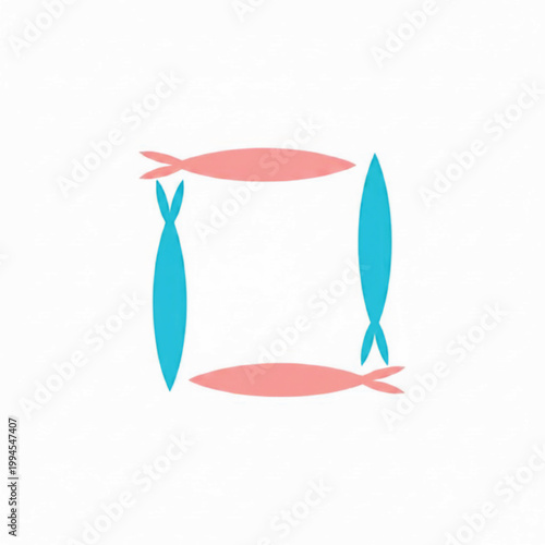 Fish frame arrangement with four minimalist paper cut silhouettes forming a square border in pastel coral and turquoise tones.