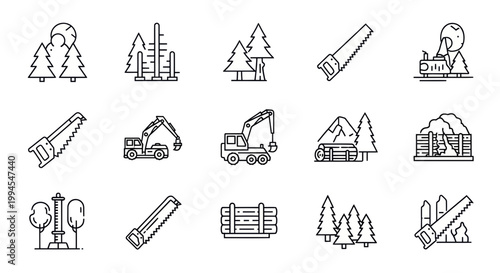 Forestry Icons: Trees, Sawmills, Lumberjacks, and Equipment
