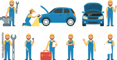 Cartoon mechanic character set showing automotive repair tasks with tools blueprint toolbox and car maintenance poses in colorful illustration collection