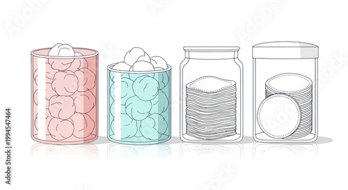 Four containers with cotton pads, hygiene, beauty, and cosmetic supplies