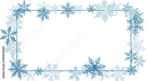 Slika na platnu Winter Snowflake Border Frame - Blue Ice Crystals on White Background