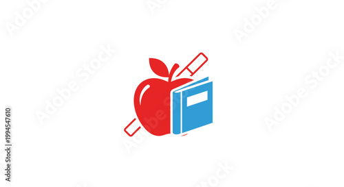 Educational emblem with book, apple and pen for learning and knowledge acquisition symbol