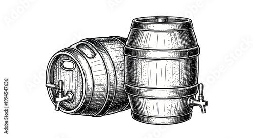 Wooden Barrels with Taps, Sketch Style, Vintage Beverage Storage