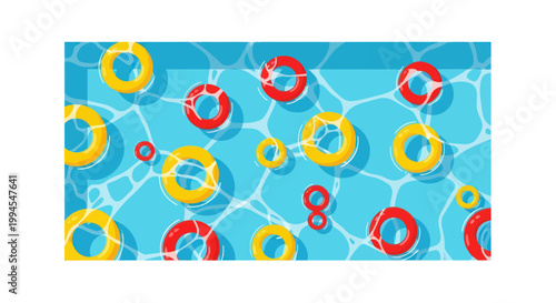 Colorful inflatable rings floating on clear blue swimming pool water surface with light reflections