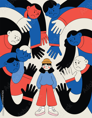 A person feels social pressure from a crowd's influence illustrated in a colorful scene.