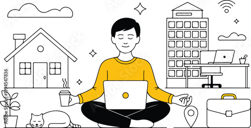 A minimalist line art illustration of a person meditating in lotus position working remotely with laptop coffee and peaceful home office environment
