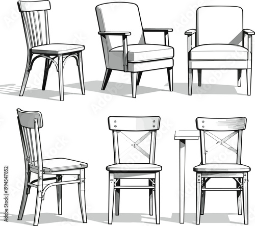 Create a realistic Set of chairs in elevation view for use in architectural drawings - 2D vector art with white background..
