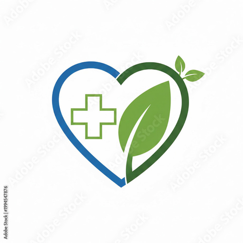 Heart medical icon with green leaf and blue cross symbol for eco-friendly healthcare awareness featuring wellness, medicine, health care with first