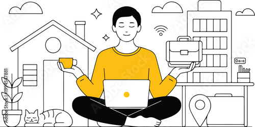 A minimalist line art illustration of a person meditating in lotus position working remotely with laptop coffee and peaceful home office environment