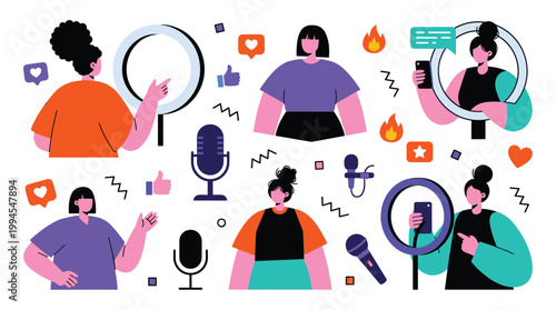 Influencer content creation with ring lights microphones and smartphones showing social media engagement and online broadcasting