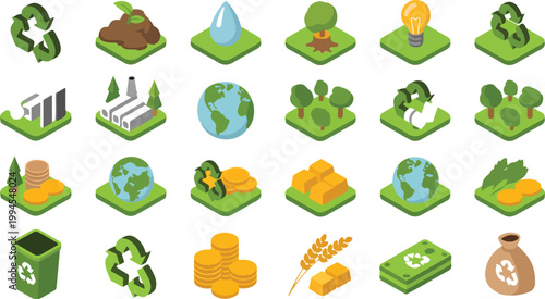 Isometric eco environment icon collection featuring forest, wildlife, renewable energy, pollution control and sustainability symbols in 4x6 grid layout vector illustration set