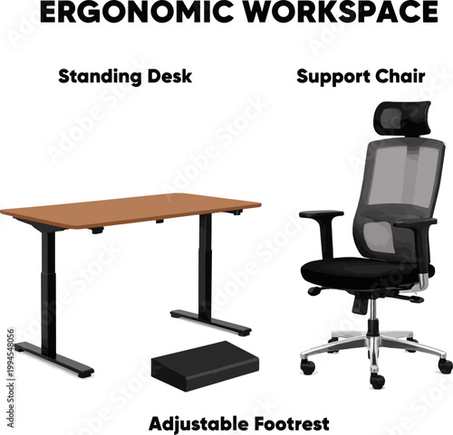 Create a realistic Set of ergonomic office furniture set vector art with white background.